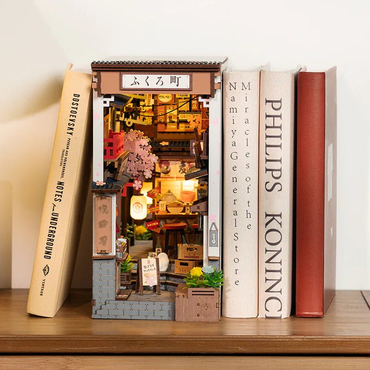 Wine Alley Book Nook Kit – DIY 3D Wooden Sakura Alley with LED Lights (Bookshelf Insert/Bookend) - Whimsical Shoppe