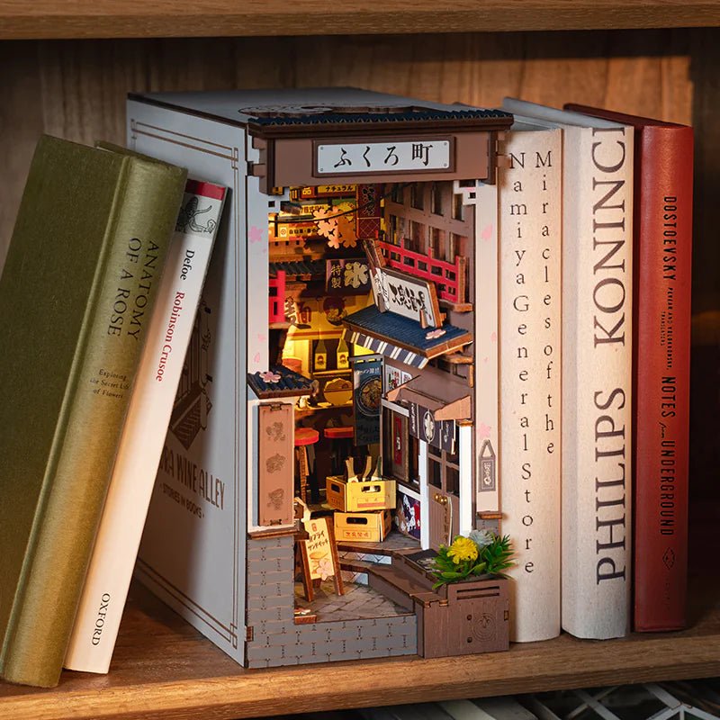 Wine Alley Book Nook Kit – DIY 3D Wooden Sakura Alley with LED Lights (Bookshelf Insert/Bookend) - Whimsical Shoppe