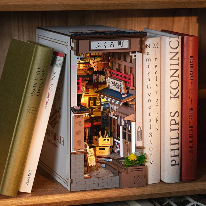 Wine Alley Book Nook Kit – DIY 3D Wooden Sakura Alley with LED Lights (Bookshelf Insert/Bookend) - Whimsical Shoppe