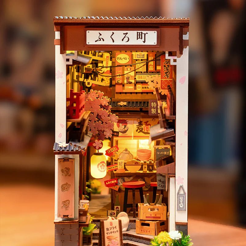 Wine Alley Book Nook Kit – DIY 3D Wooden Sakura Alley with LED Lights (Bookshelf Insert/Bookend) - Whimsical Shoppe