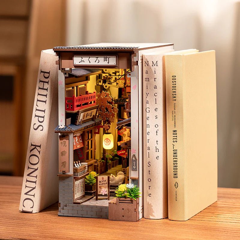 Wine Alley Book Nook Kit – DIY 3D Wooden Sakura Alley with LED Lights (Bookshelf Insert/Bookend) - Whimsical Shoppe