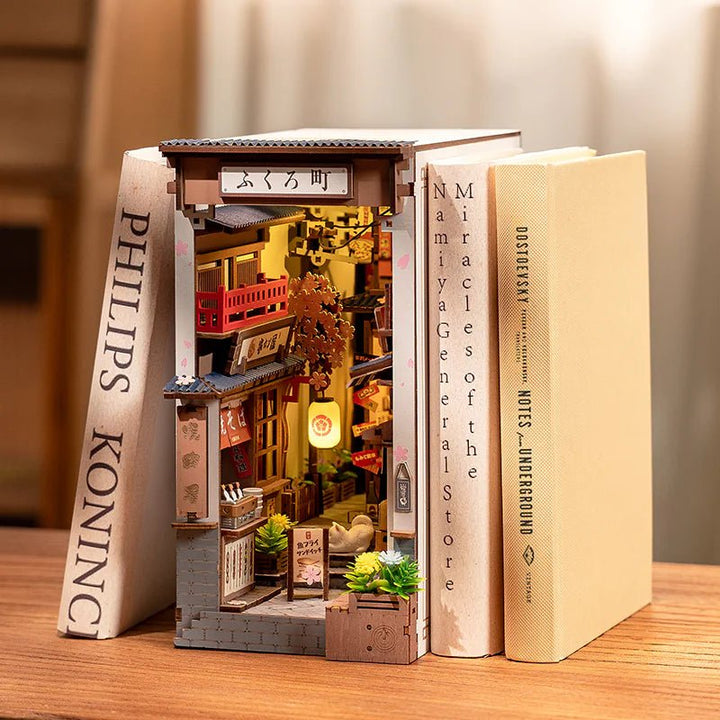 Wine Alley Book Nook Kit – DIY 3D Wooden Sakura Alley with LED Lights (Bookshelf Insert/Bookend) - Whimsical Shoppe