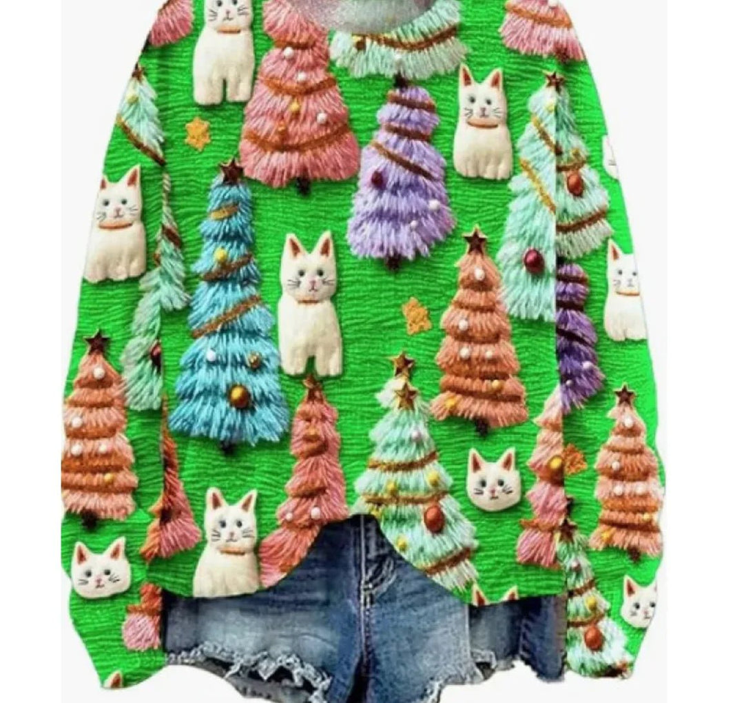 Women's Christmas Tree Print Raglan Sweater - Cozy Pullover - Whimsical Shoppe