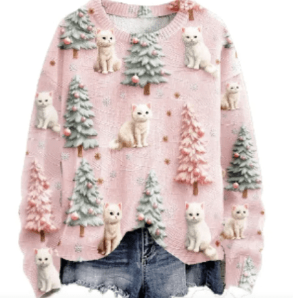 Women's Christmas Tree Print Raglan Sweater - Cozy Pullover - Whimsical Shoppe