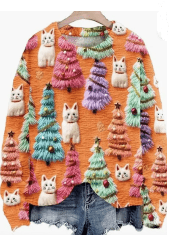 Women's Christmas Tree Print Raglan Sweater - Cozy Pullover - Whimsical Shoppe