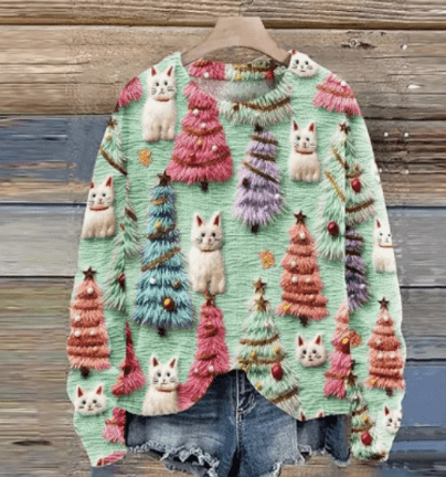 Women's Christmas Tree Print Raglan Sweater - Cozy Pullover - Whimsical Shoppe