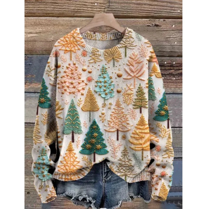 Women's Christmas Tree Print Raglan Sweater - Cozy Pullover - Whimsical Shoppe