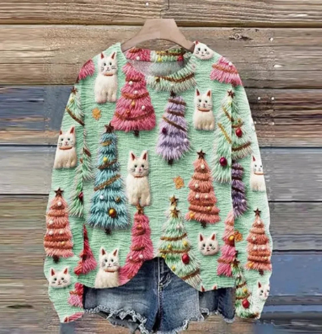 Women's Christmas Tree Print Raglan Sweater - Cozy Pullover - Whimsical Shoppe