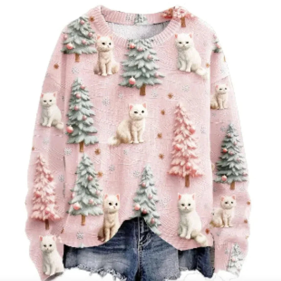 Women's Christmas Tree Print Raglan Sweater - Cozy Pullover - Whimsical Shoppe