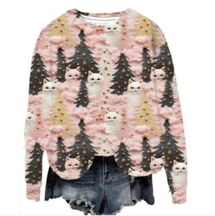 Women's Christmas Tree Print Raglan Sweater - Cozy Pullover - Whimsical Shoppe