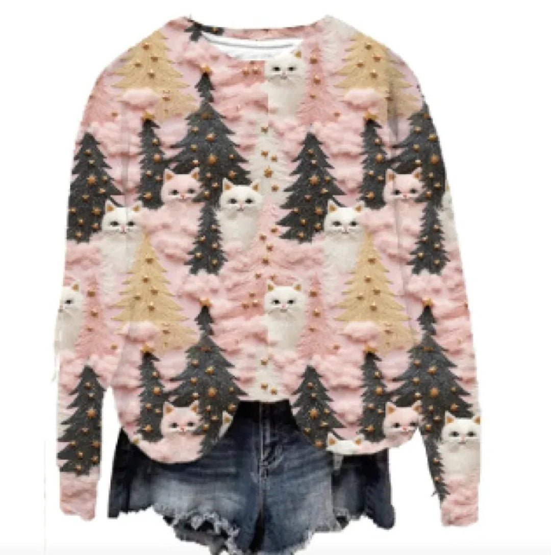 Women's Christmas Tree Print Raglan Sweater - Cozy Pullover - Whimsical Shoppe