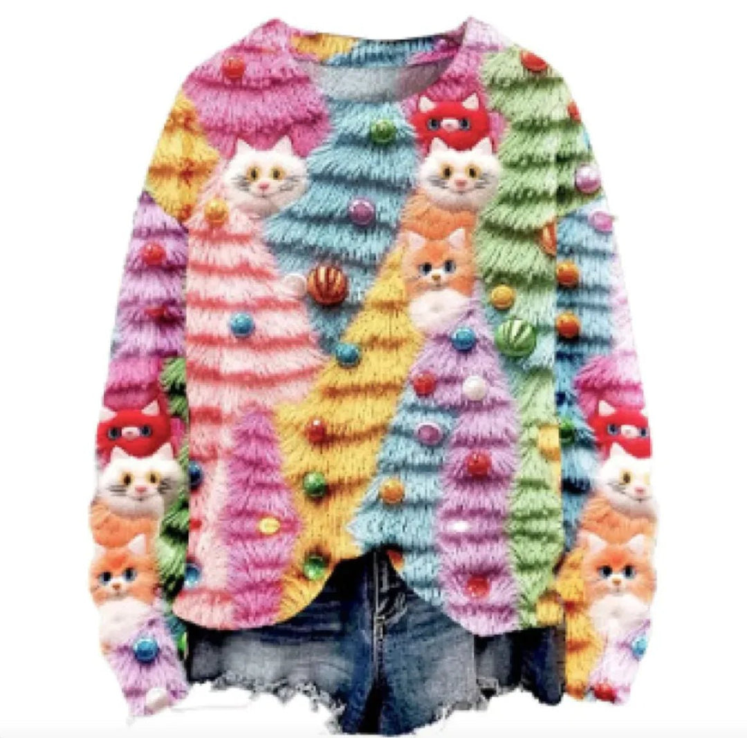 Women's Christmas Tree Print Raglan Sweater - Cozy Pullover - Whimsical Shoppe