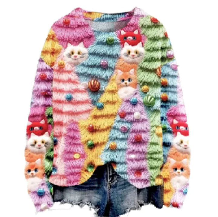 Women's Christmas Tree Print Raglan Sweater - Cozy Pullover - Whimsical Shoppe