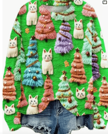 Women's Christmas Tree Print Raglan Sweater - Cozy Pullover - Whimsical Shoppe