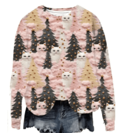 Women's Christmas Tree Print Raglan Sweater - Cozy Pullover - Whimsical Shoppe