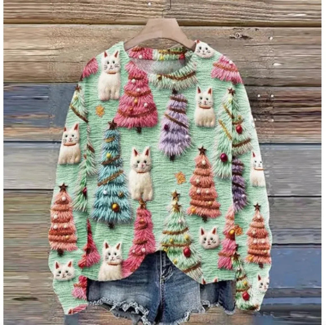Women's Christmas Tree Print Raglan Sweater - Cozy Pullover - Whimsical Shoppe