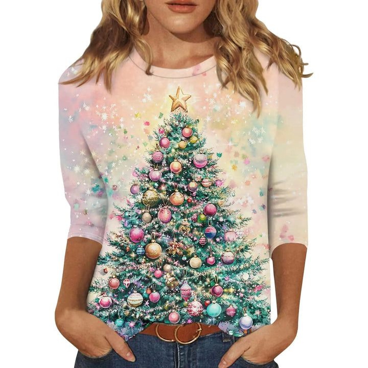Women's Watercolor Christmas Tree Print Top - Casual Holiday Tee MEDIUM ONLY - Whimsical Shoppe