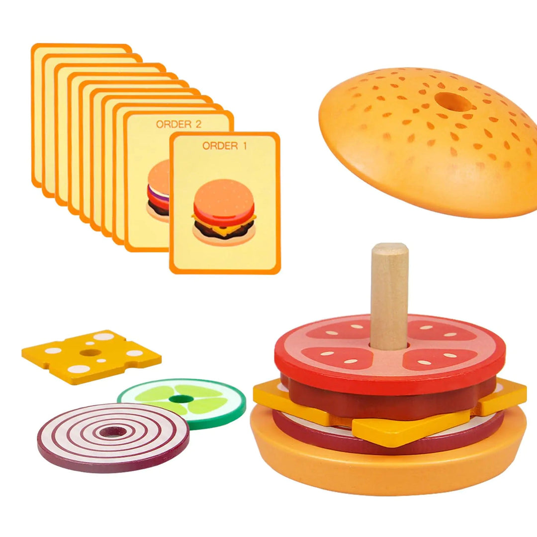 Wooden Burger Stacking Toy - Montessori Fine Motor Skills 3–5 - Whimsical Shoppe