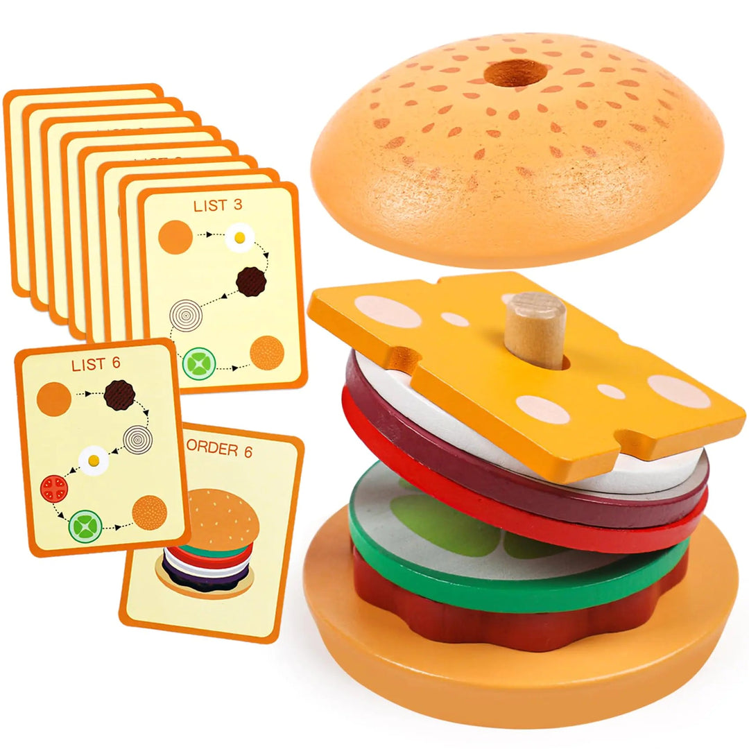Wooden Burger Stacking Toy - Montessori Fine Motor Skills - Whimsical Shoppe