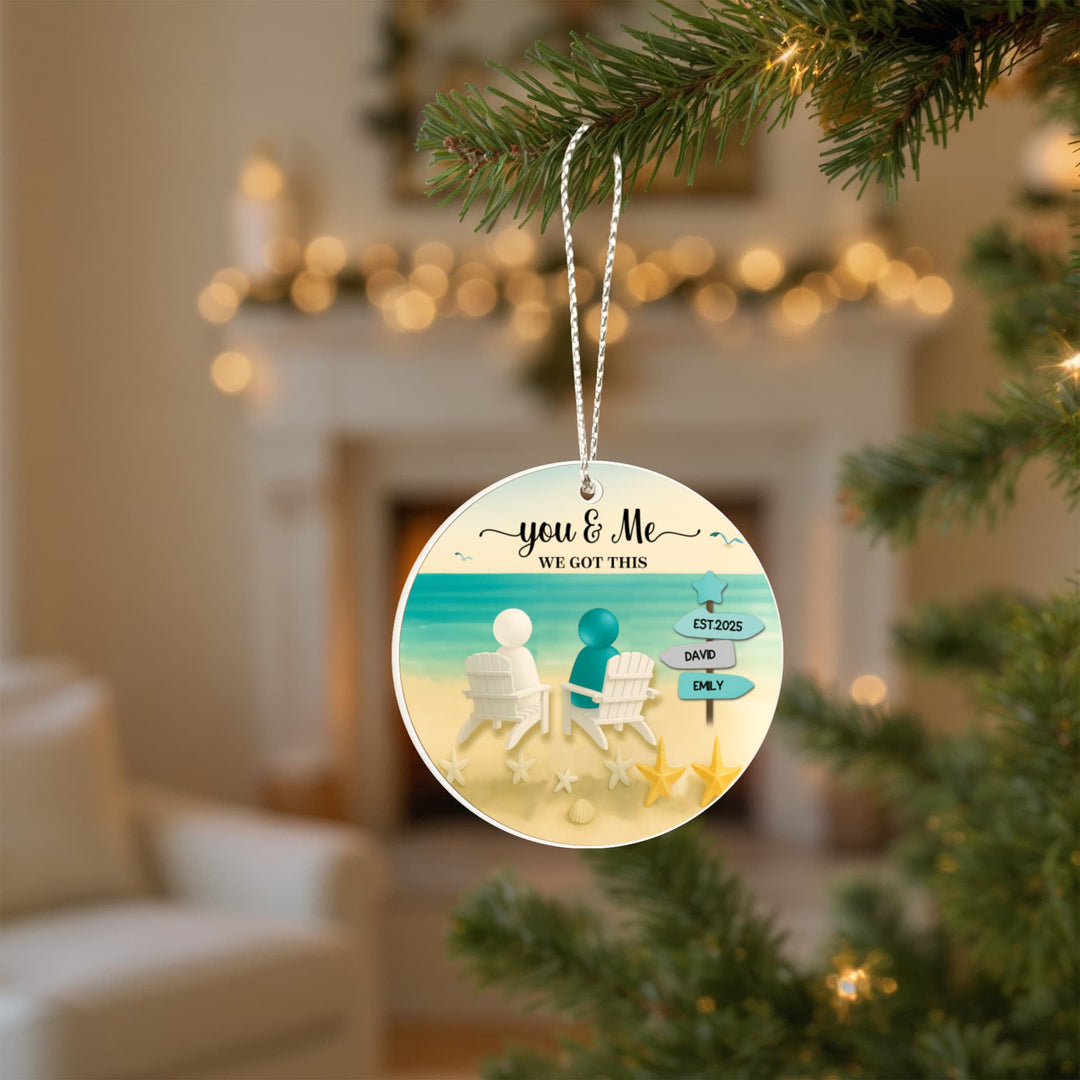 You & Me Personalized Beach Couple Christmas Ornament – Custom Names, Established Year, “We Got This” Gift - Whimsical Shoppe